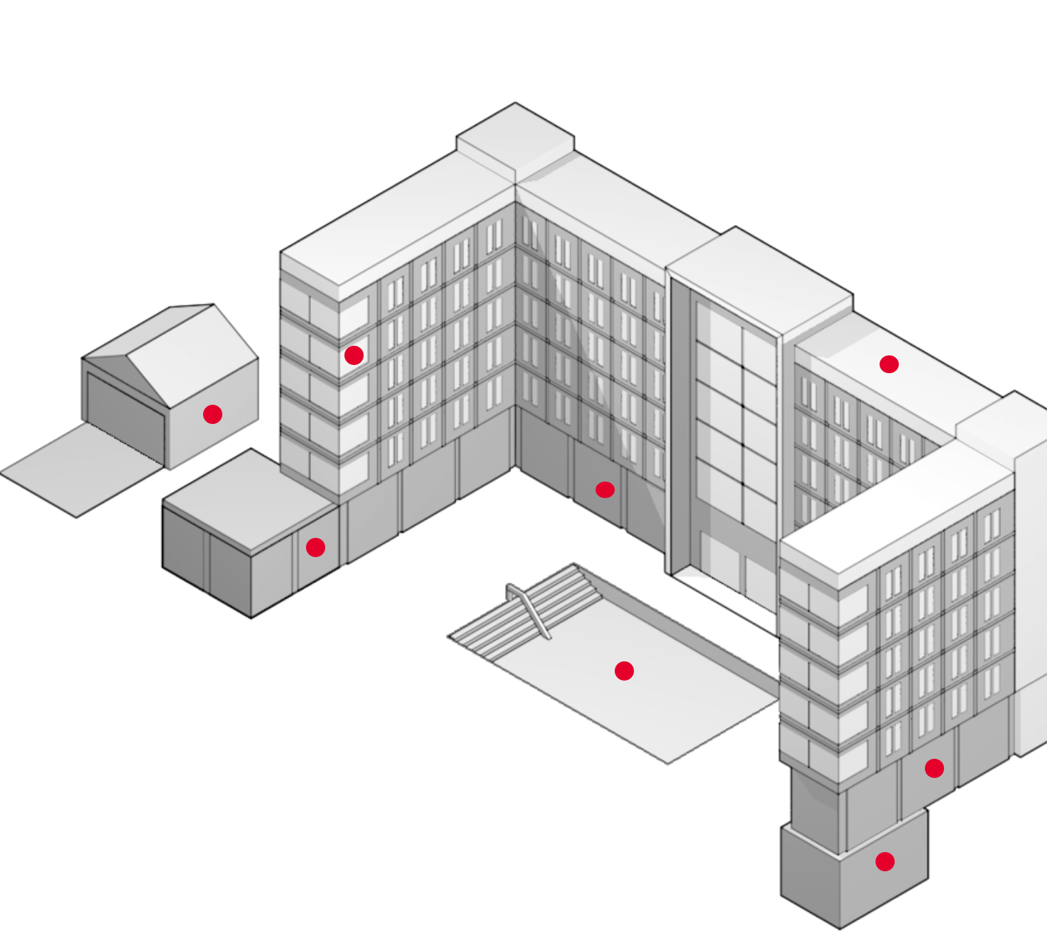 hotel building with red dots showing where rheem products would be