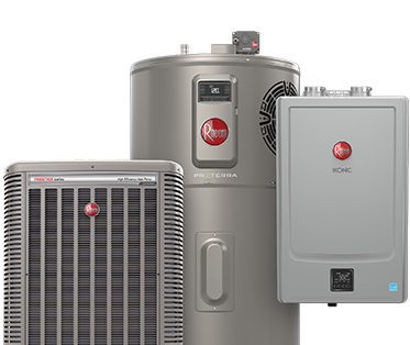 Rheem water heater, hybrid water heater, and air conditioner